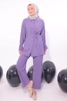 Tesettür giyim MOR PİLİSE DETAYLI PANTOLONLU TAKIM T 3474