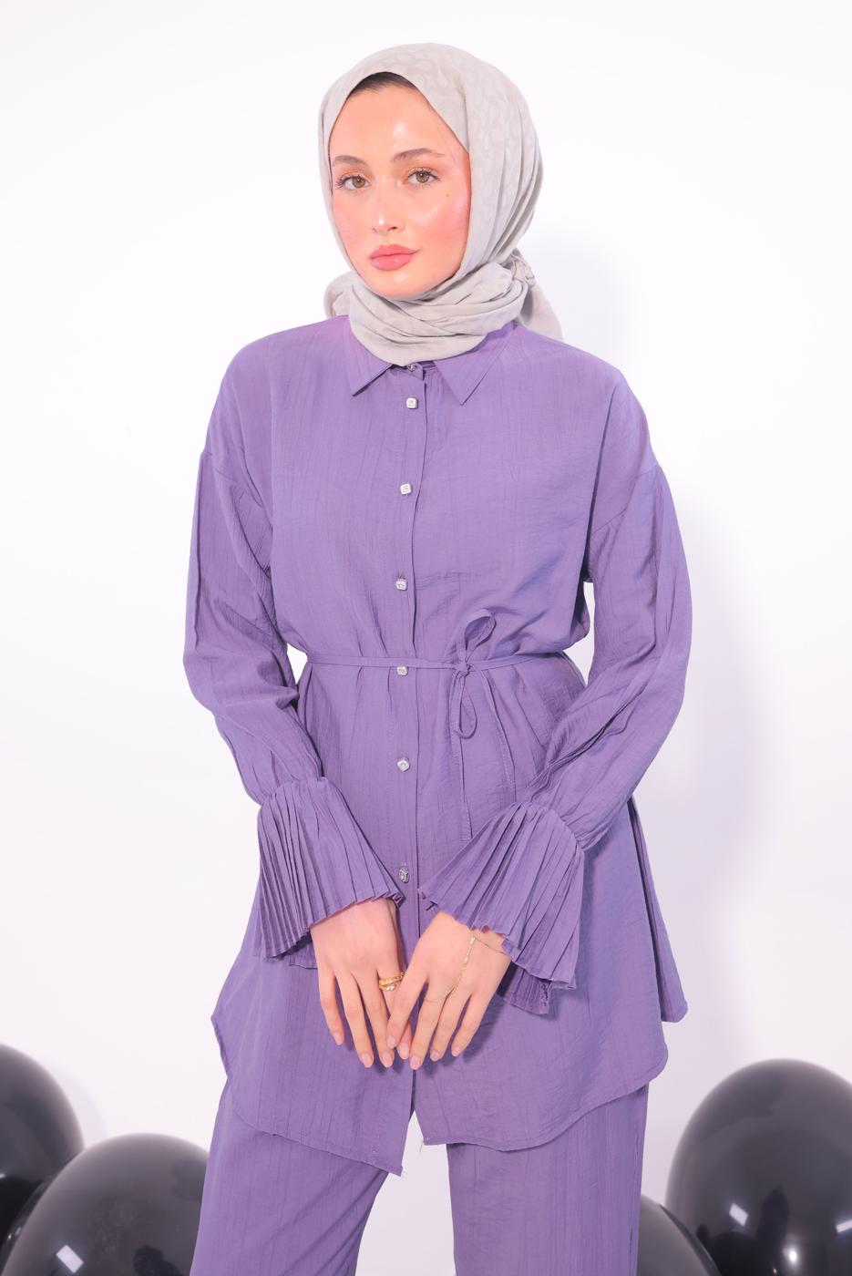 Tesettür giyim MOR PİLİSE DETAYLI PANTOLONLU TAKIM T 3474