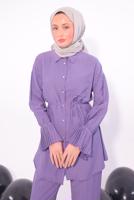 Tesettür giyim MOR PİLİSE DETAYLI PANTOLONLU TAKIM T 3474