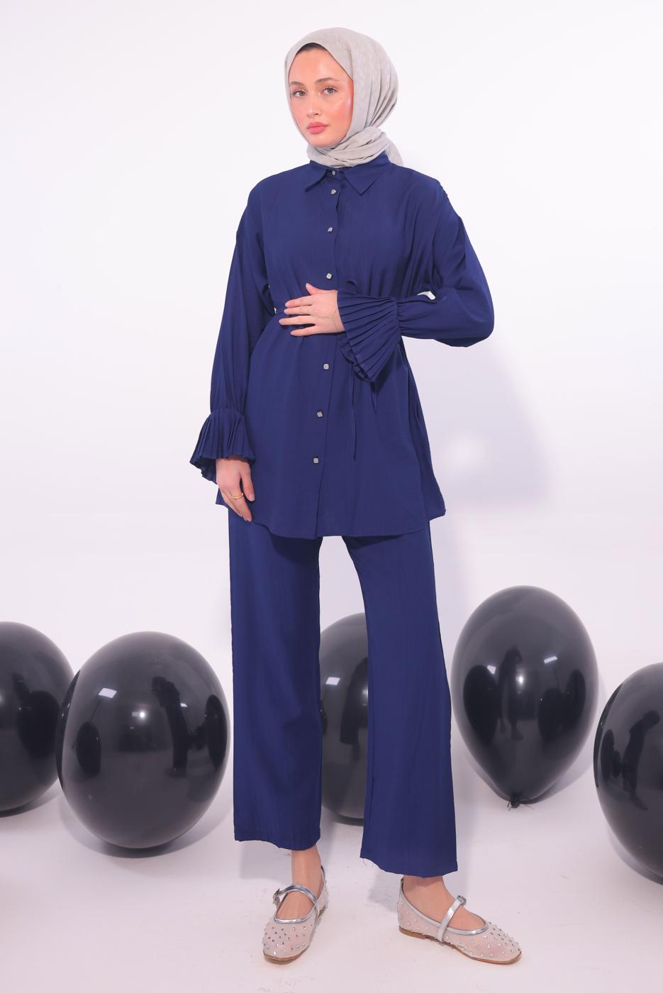 Tesettür giyim LACİVERT PİLİSE DETAYLI PANTOLONLU TAKIM T 3474