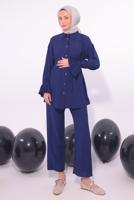 Tesettür giyim LACİVERT PİLİSE DETAYLI PANTOLONLU TAKIM T 3474