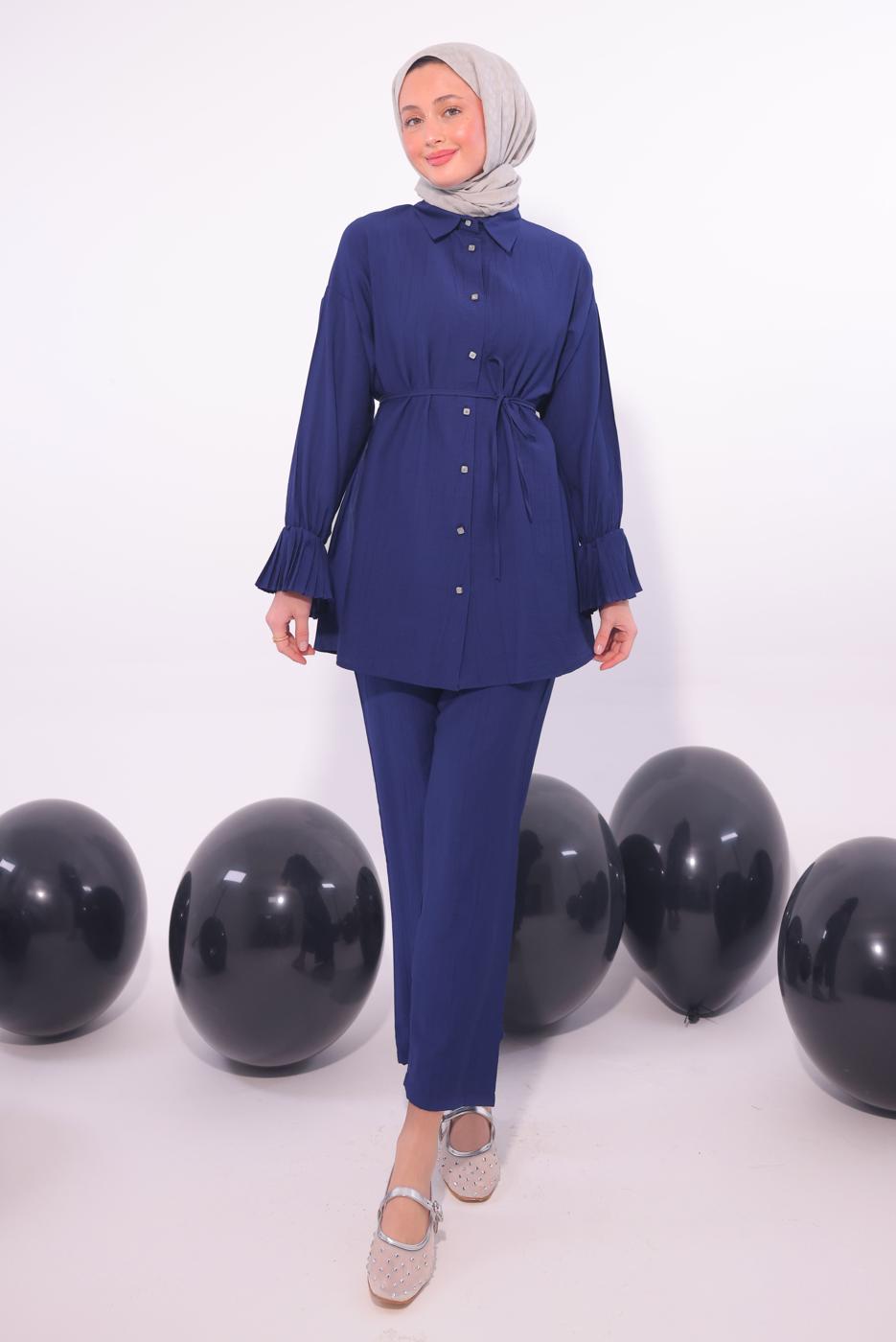 Tesettür giyim LACİVERT PİLİSE DETAYLI PANTOLONLU TAKIM T 3474