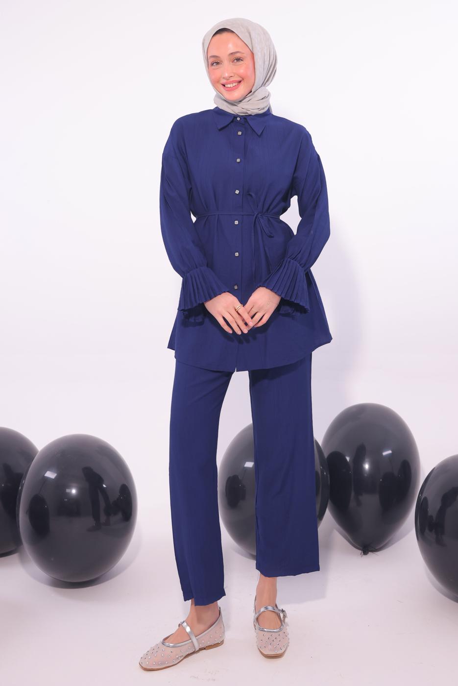 Tesettür giyim LACİVERT PİLİSE DETAYLI PANTOLONLU TAKIM T 3474