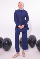 Tesettür giyim LACİVERT PİLİSE DETAYLI PANTOLONLU TAKIM T 3474