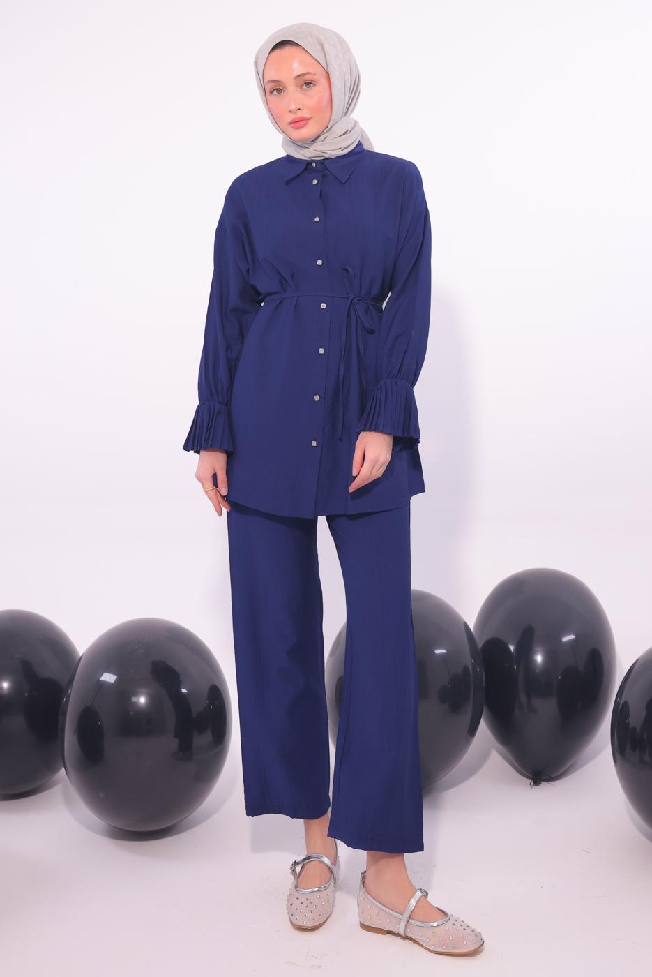 Tesettür giyim LACİVERT PİLİSE DETAYLI PANTOLONLU TAKIM T 3474