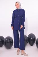 Tesettür giyim LACİVERT PİLİSE DETAYLI PANTOLONLU TAKIM T 3474