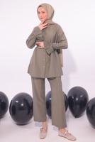 Tesettür giyim VİZON PİLİSE DETAYLI PANTOLONLU TAKIM T 3474