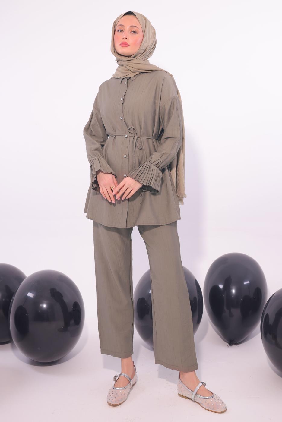 Tesettür giyim VİZON PİLİSE DETAYLI PANTOLONLU TAKIM T 3474