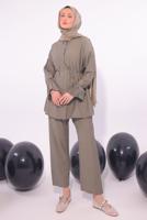 Tesettür giyim VİZON PİLİSE DETAYLI PANTOLONLU TAKIM T 3474