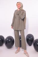 Tesettür giyim VİZON PİLİSE DETAYLI PANTOLONLU TAKIM T 3474