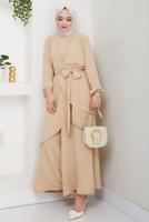 Tesettür giyim BEJ KUŞAKLI PANTOLONLU TAKIM T 3477