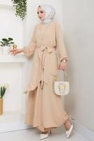 Tesettür giyim BEJ KUŞAKLI PANTOLONLU TAKIM T 3477