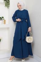 Tesettür giyim MAVİ KUŞAKLI PANTOLONLU TAKIM T 3477