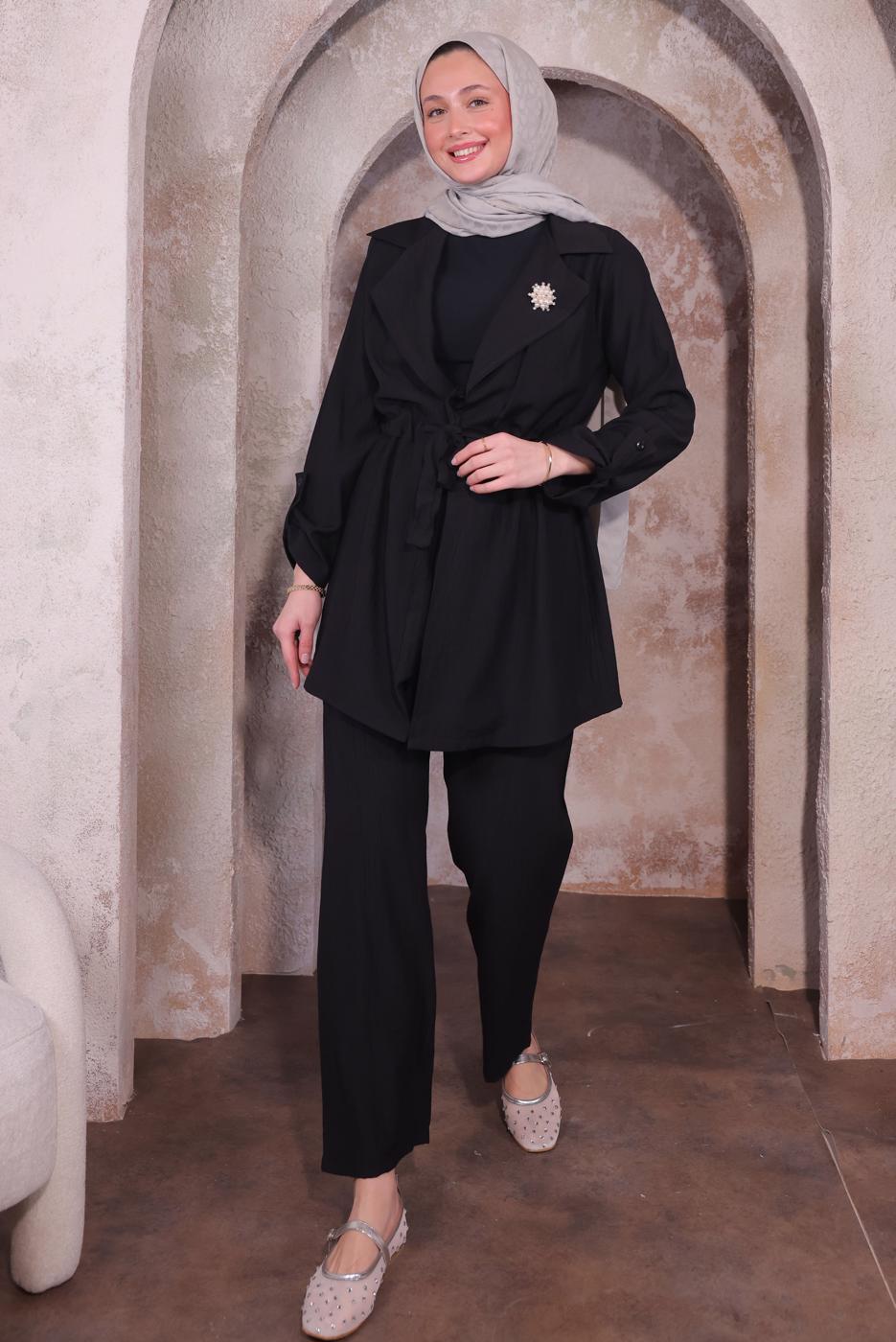 Tesettür giyim SİYAH BROŞLU PANTOLONLU TAKIM T 3674