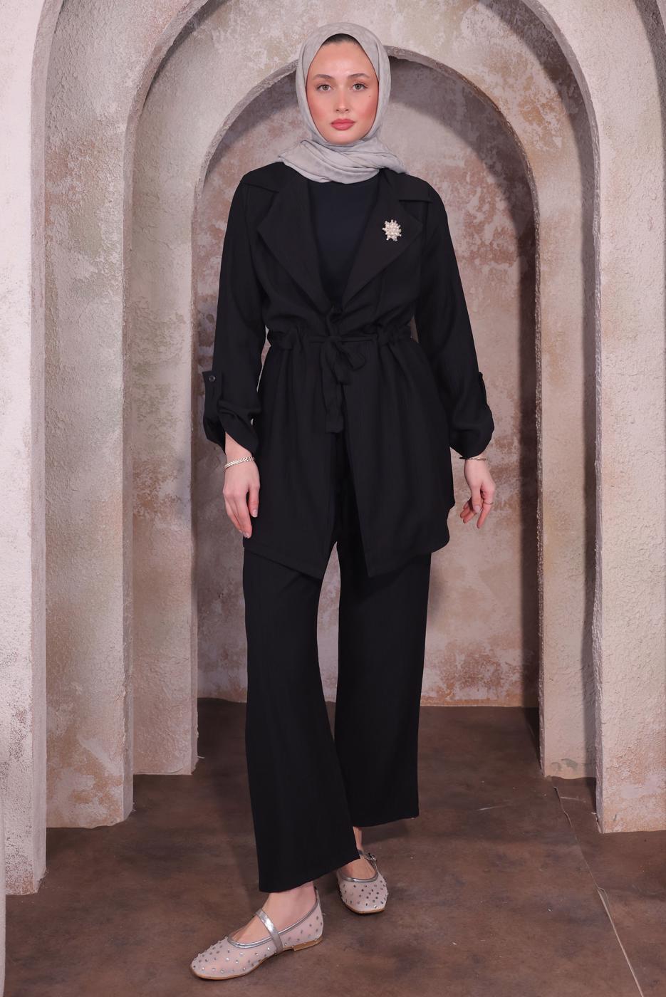 Tesettür giyim SİYAH BROŞLU PANTOLONLU TAKIM T 3674