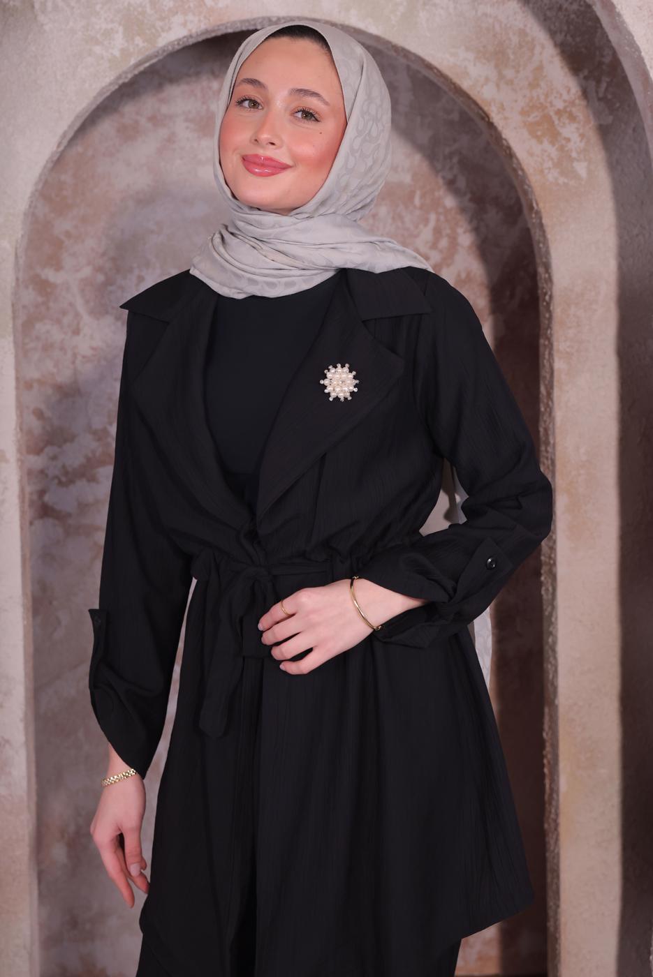 Tesettür giyim SİYAH BROŞLU PANTOLONLU TAKIM T 3674