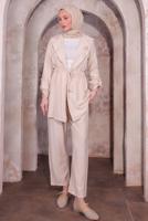 Hijab clothing BEIGE PANTS SUIT WITH BROOCH T 3674