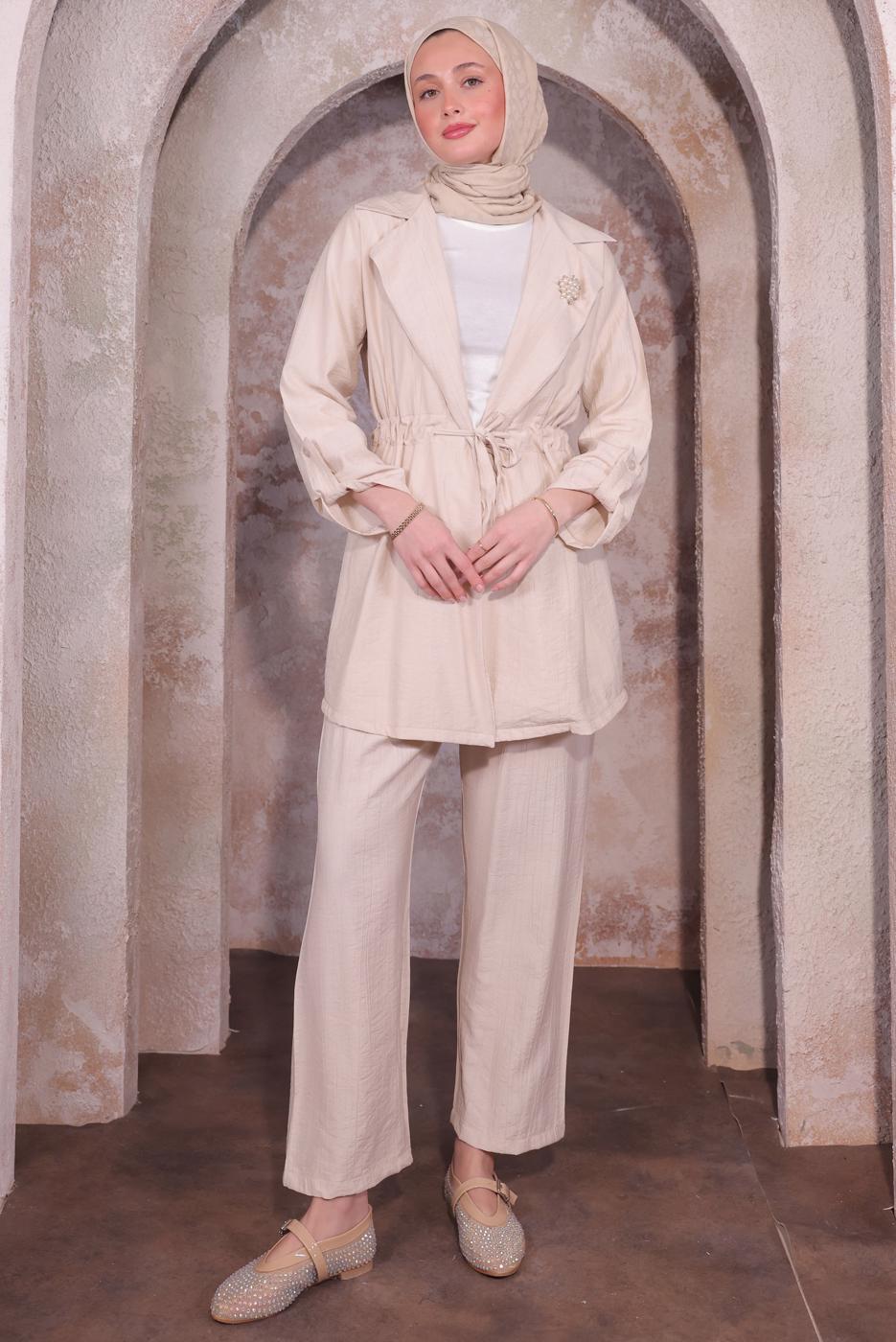 Hijab clothing BEIGE PANTS SUIT WITH BROOCH T 3674