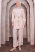 Hijab clothing BEIGE PANTS SUIT WITH BROOCH T 3674