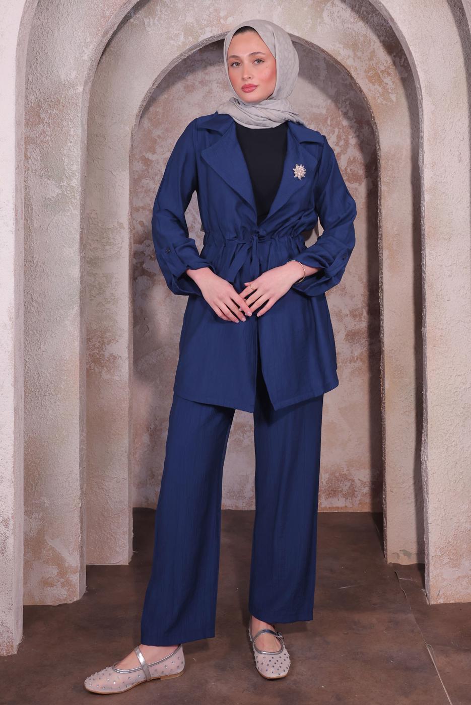 Tesettür giyim LACİVERT BROŞLU PANTOLONLU TAKIM T 3674
