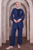 Tesettür giyim LACİVERT BROŞLU PANTOLONLU TAKIM T 3674