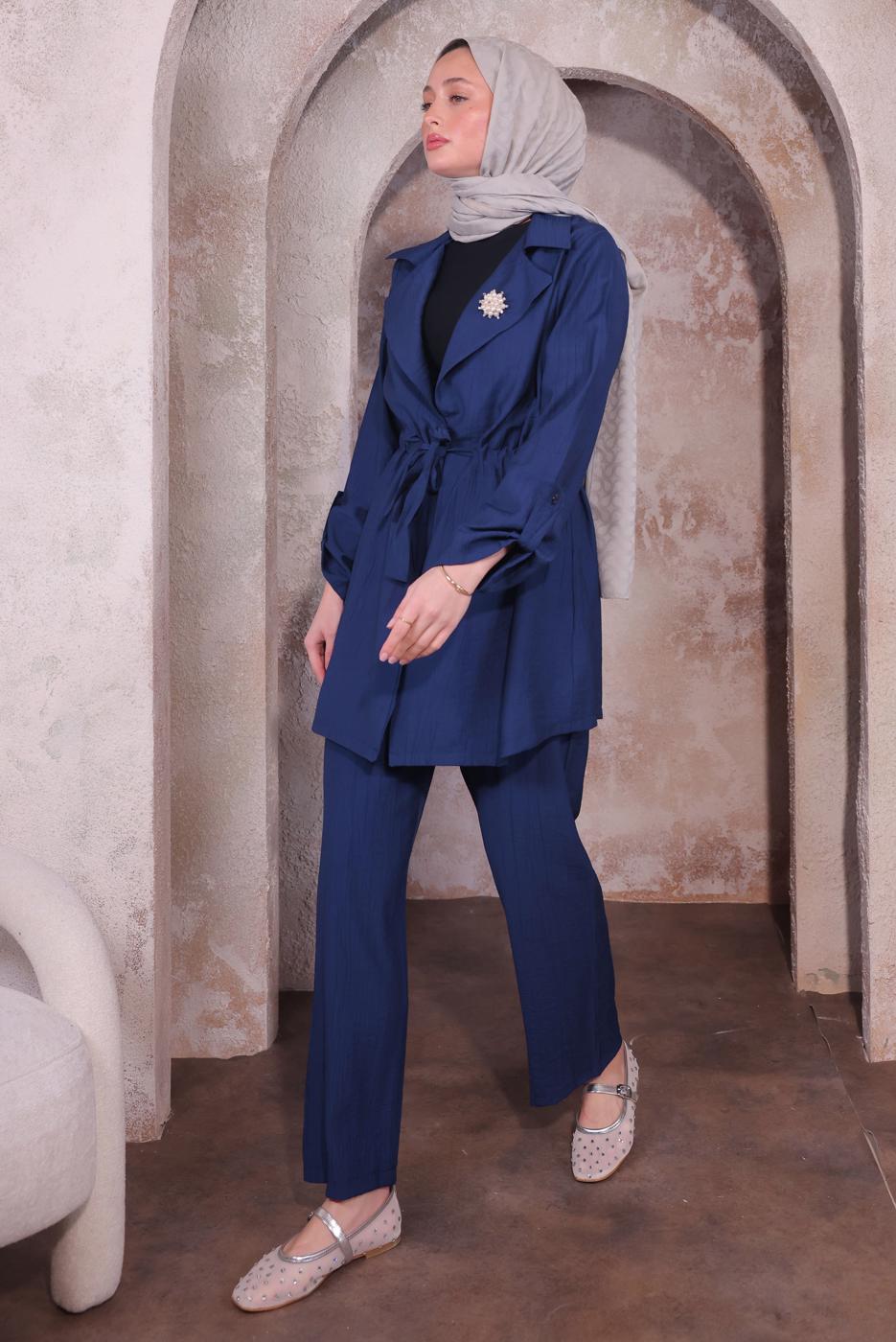 Tesettür giyim LACİVERT BROŞLU PANTOLONLU TAKIM T 3674