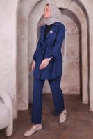 Tesettür giyim LACİVERT BROŞLU PANTOLONLU TAKIM T 3674