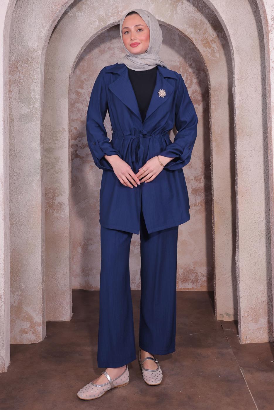 Tesettür giyim LACİVERT BROŞLU PANTOLONLU TAKIM T 3674