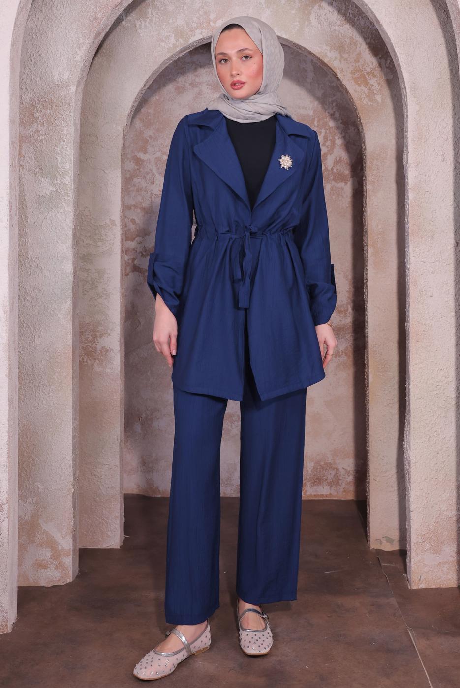 Tesettür giyim LACİVERT BROŞLU PANTOLONLU TAKIM T 3674