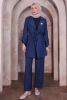 Tesettür giyim LACİVERT BROŞLU PANTOLONLU TAKIM T 3674
