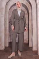 Tesettür giyim VİZON BROŞLU PANTOLONLU TAKIM T 3674