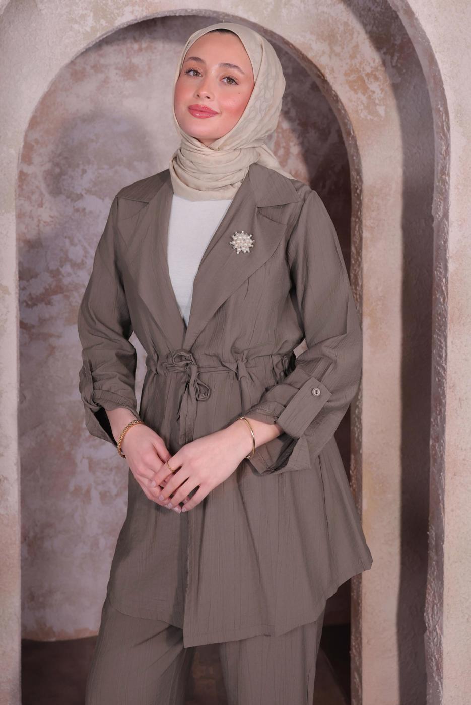 Tesettür giyim VİZON BROŞLU PANTOLONLU TAKIM T 3674