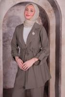 Tesettür giyim VİZON BROŞLU PANTOLONLU TAKIM T 3674