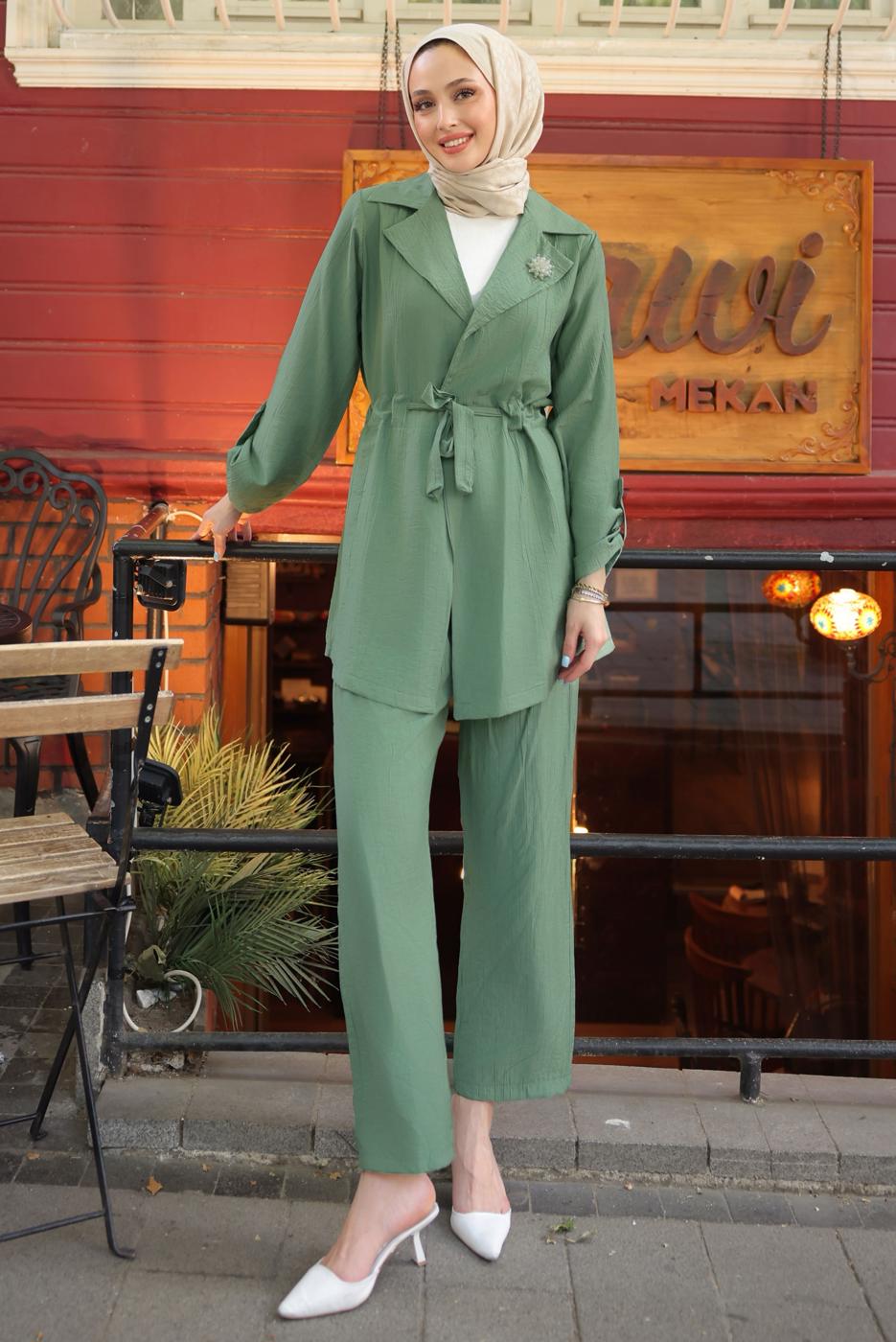 Hijab clothing GREEN PANTS SUIT WITH BROOCH T 3674