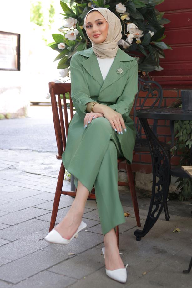 Vêtements hijab VERT COSTUME PANTALON AVEC BROCHE T 3674 - TRENDTESETTÜR