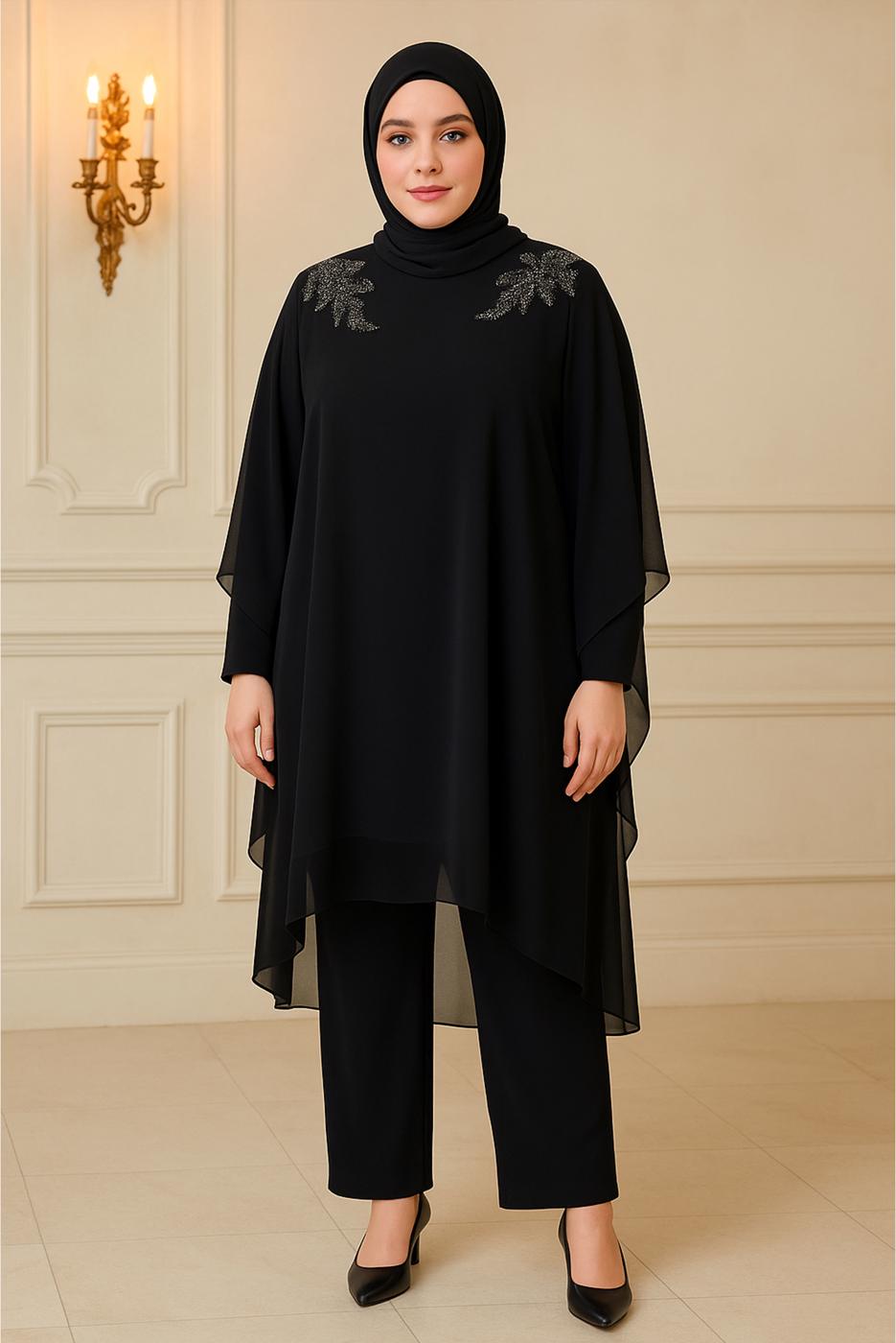 Vêtements hijab NOIR COSTUME PANTALON DE SOIRÉE AVEC BIJOU T 4431