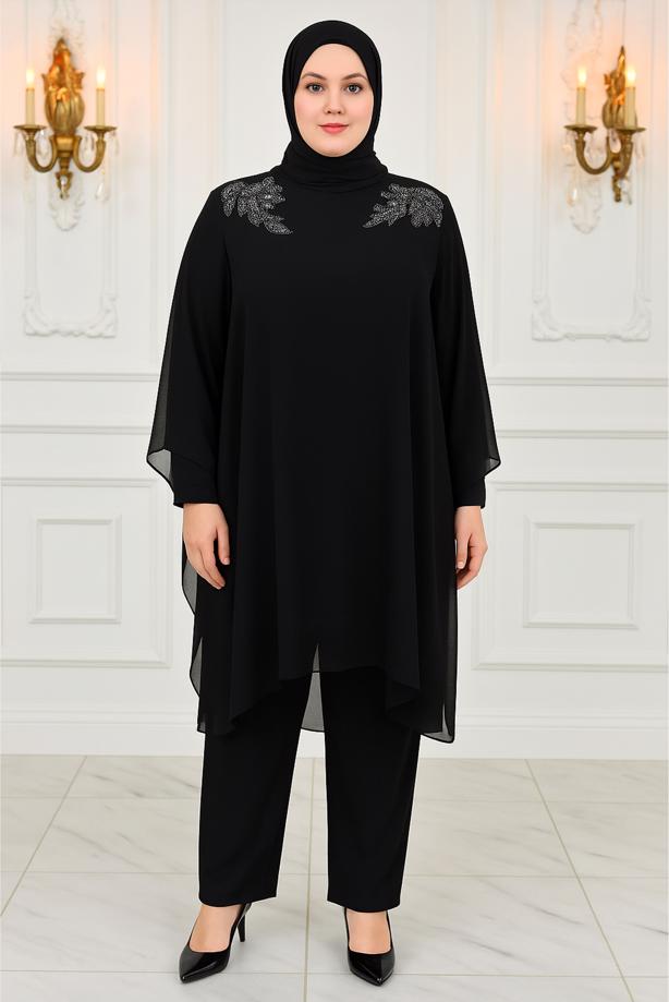 Vêtements hijab NOIR COSTUME PANTALON DE SOIRÉE AVEC BIJOU T 4431 - TRENDTESETTÜR