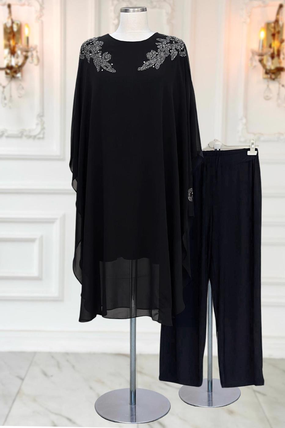 Vêtements hijab NOIR COSTUME PANTALON DE SOIRÉE AVEC BIJOU T 4431