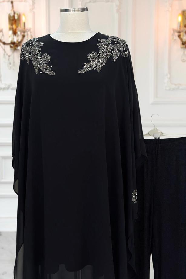 Vêtements hijab NOIR COSTUME PANTALON DE SOIRÉE AVEC BIJOU T 4431 - TRENDTESETTÜR