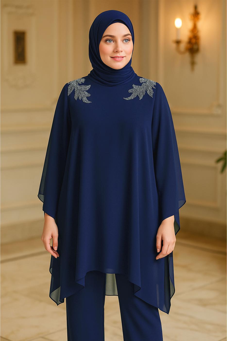 Vêtements hijab BLEU MARINE COSTUME PANTALON DE SOIRÉE AVEC BIJOU T 4431