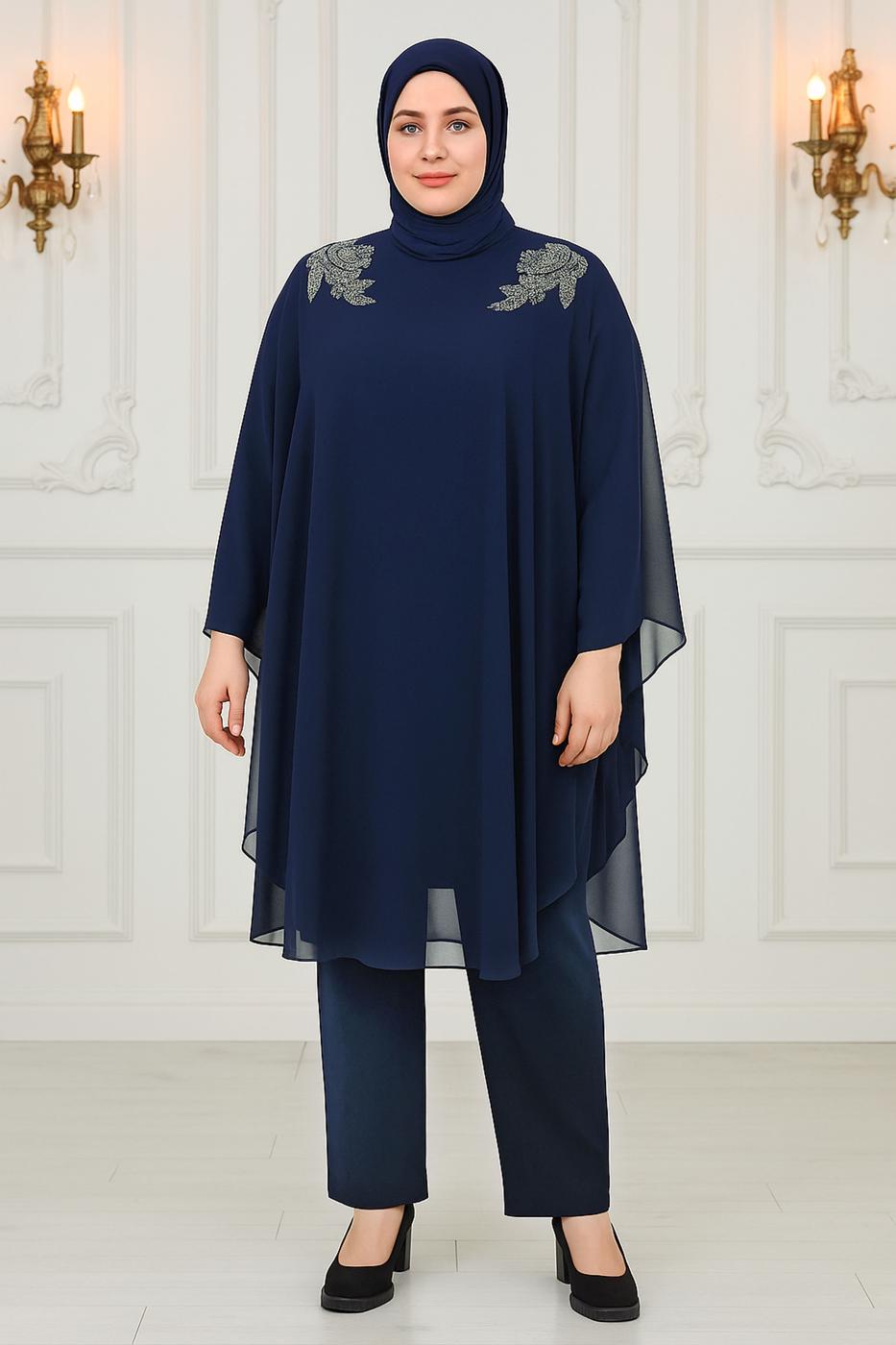 Vêtements hijab BLEU MARINE COSTUME PANTALON DE SOIRÉE AVEC BIJOU T 4431