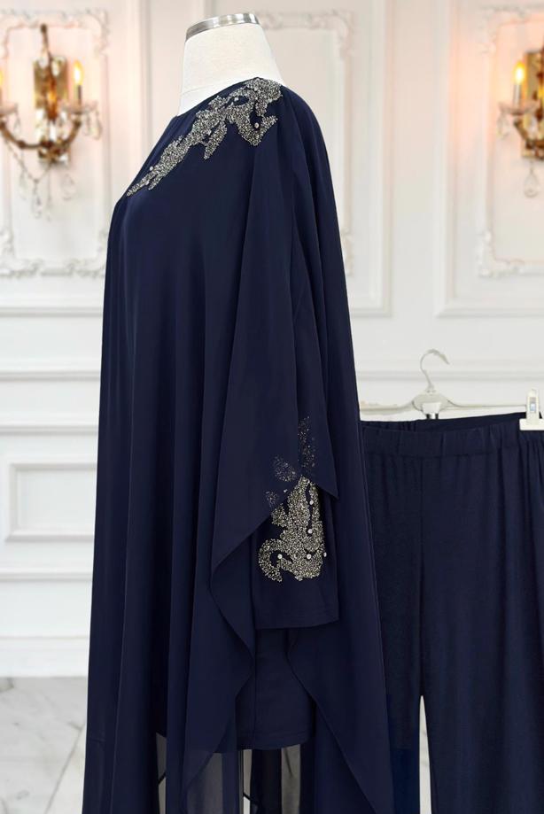 Vêtements hijab BLEU MARINE COSTUME PANTALON DE SOIRÉE AVEC BIJOU T 4431 - TRENDTESETTÜR