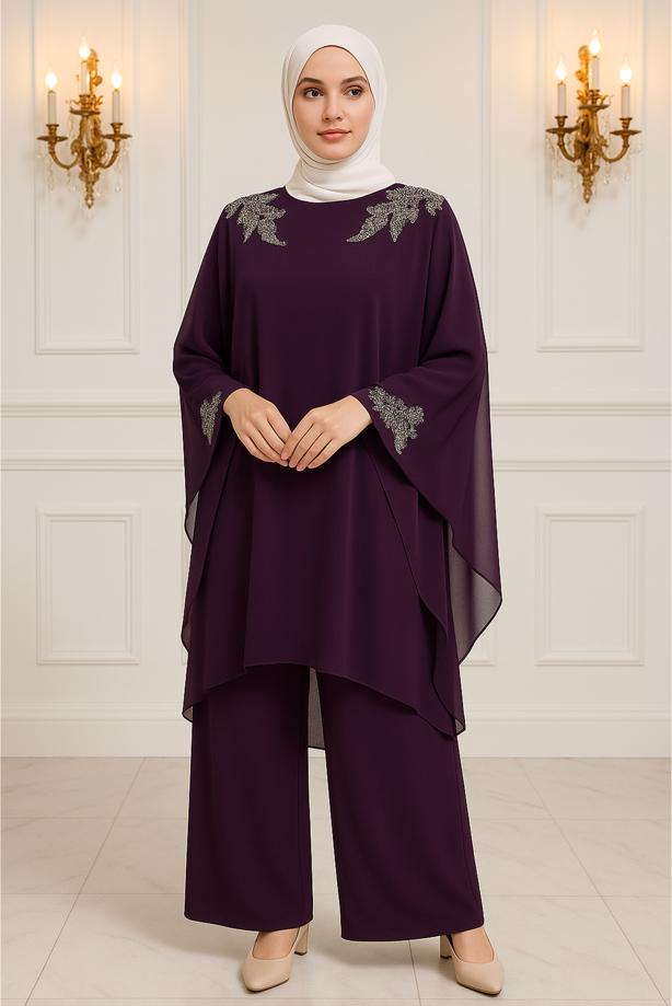 Vêtements hijab PRUNE COSTUME PANTALON DE SOIRÉE AVEC BIJOU T 4431 - TRENDTESETTÜR