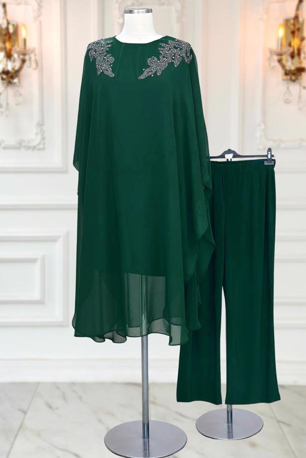 Hijab clothing GREEN EVENING PANTS SUIT WITH GEM T 4431 - TRENDTESETTÜR