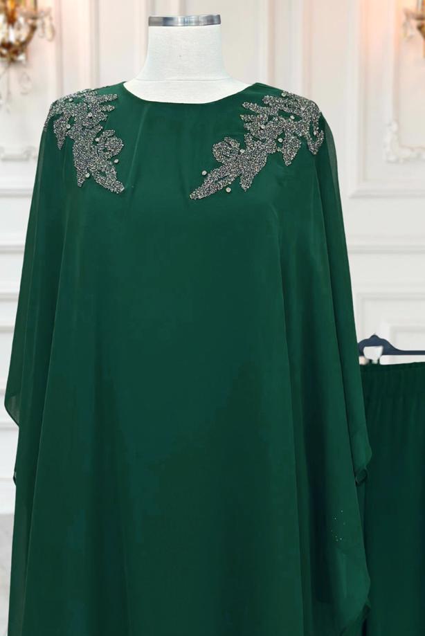 Hijab clothing GREEN EVENING PANTS SUIT WITH GEM T 4431 - TRENDTESETTÜR
