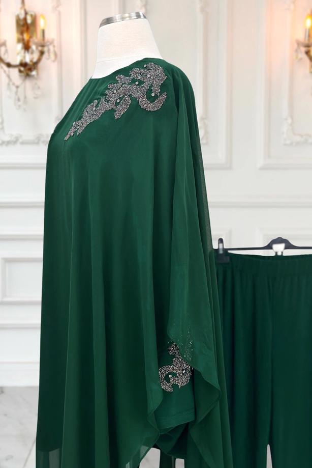 Hijab clothing GREEN EVENING PANTS SUIT WITH GEM T 4431 - TRENDTESETTÜR