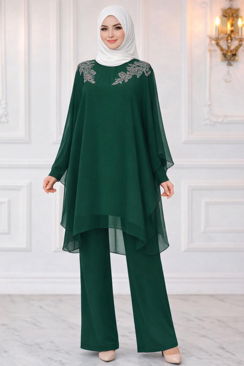 Vêtements hijab VERT COSTUME PANTALON DE SOIRÉE AVEC BIJOU T 4431