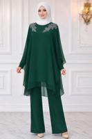 Vêtements hijab VERT COSTUME PANTALON DE SOIRÉE AVEC BIJOU T 4431