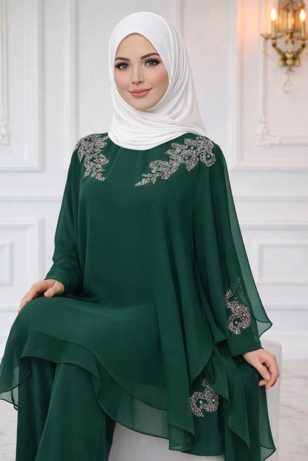 Vêtements hijab VERT COSTUME PANTALON DE SOIRÉE AVEC BIJOU T 4431 - TRENDTESETTÜR