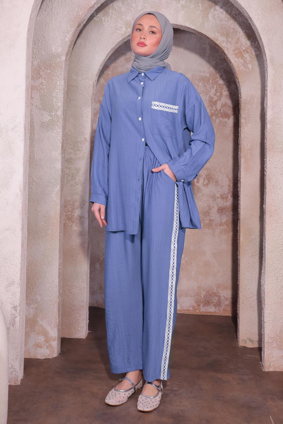 Tesettür giyim MAVİ NAKIŞ DETAYLI PANTOLONLU TAKIM T 4974